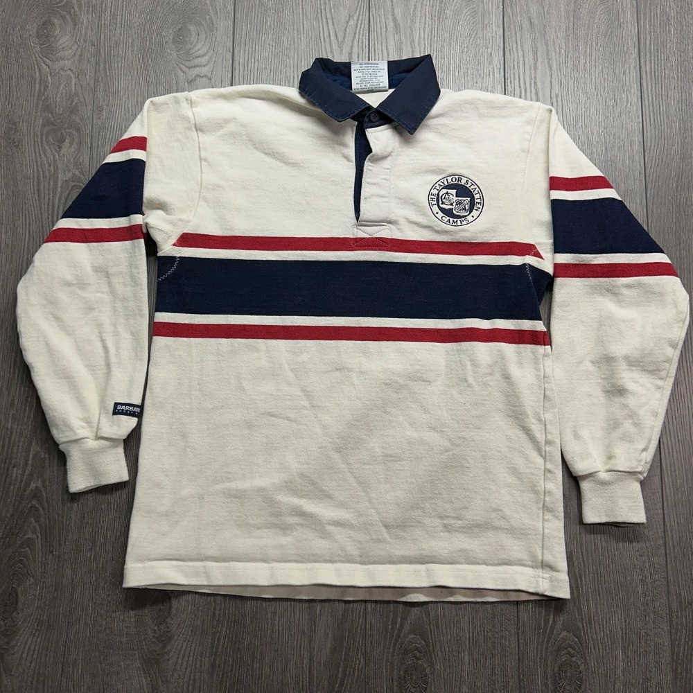Vintage Barbarian Rugby Wear Shirt Mens Medium Cream Navy Red Stripe Canada Made